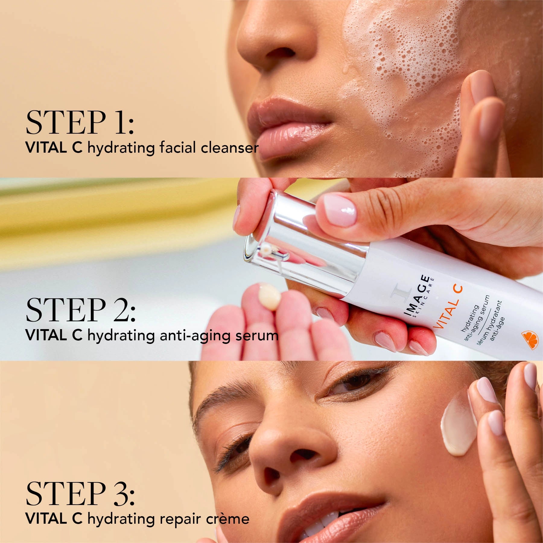 Step-by-step skincare routine with VITAL C products on a beige background