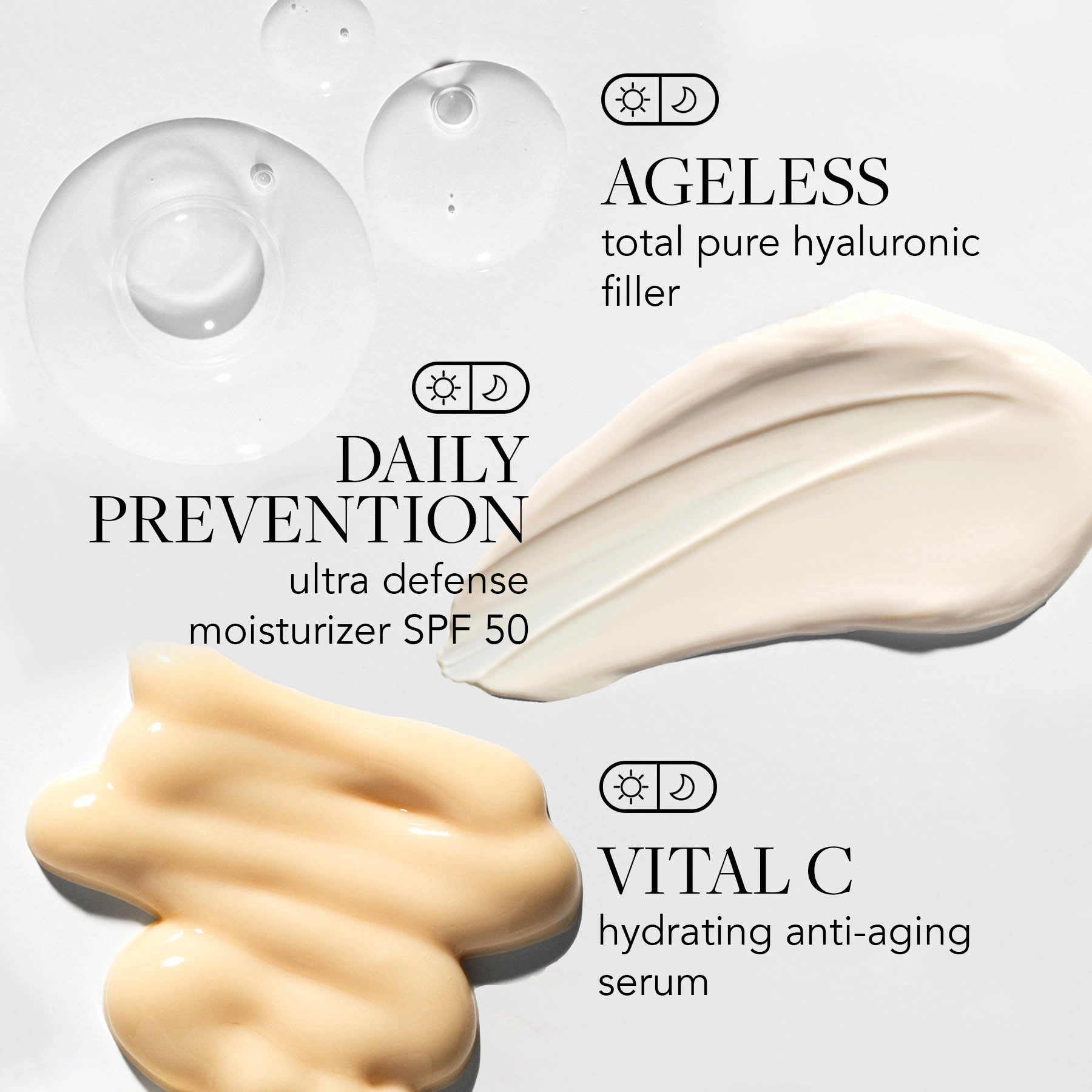 Cosmetic products with text indicating 'Ageless', 'Daily Prevention', and 'Vital C' on a light gray background.