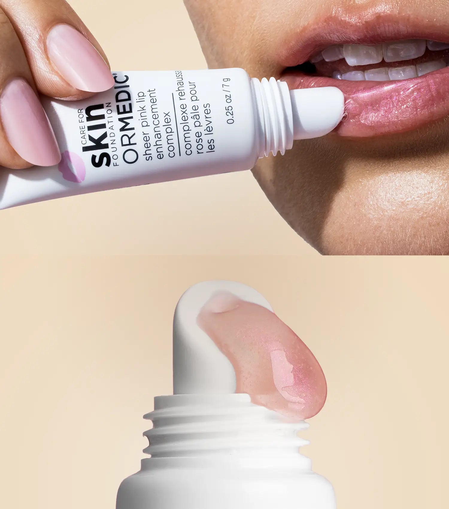 Applying ormedic lip on lips and a close up of ormedic lip.