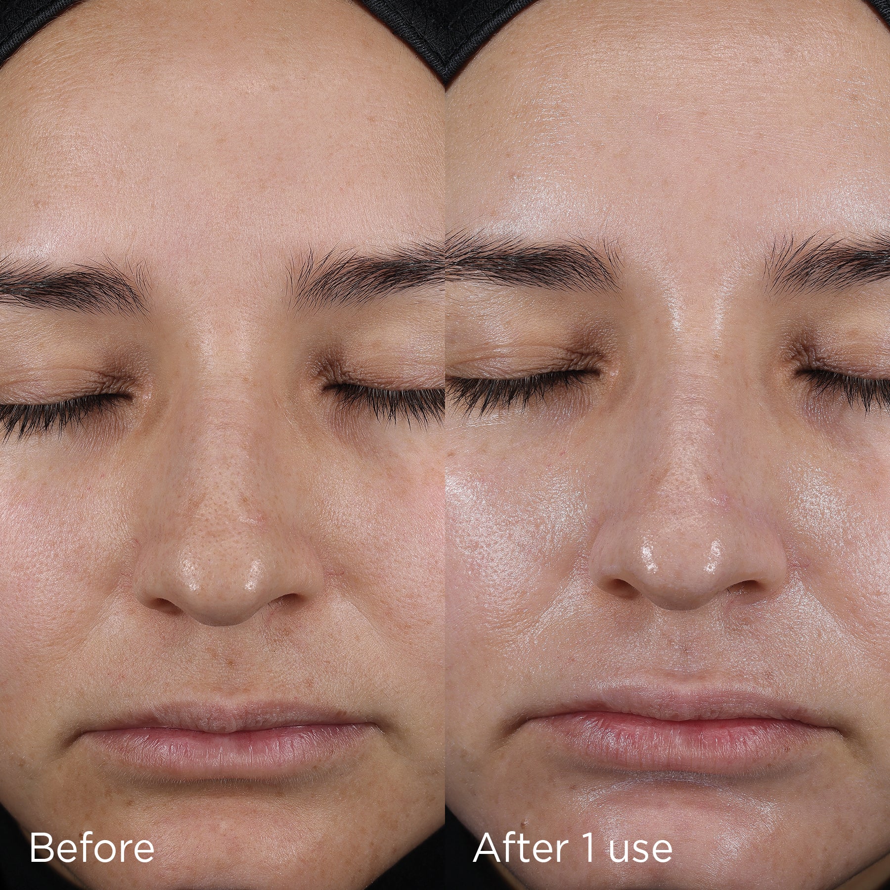 Before and after photos of a woman's face showing benefits of using DAILY PREVENTION pure mineral hydrating face moisturizer with sunscreen