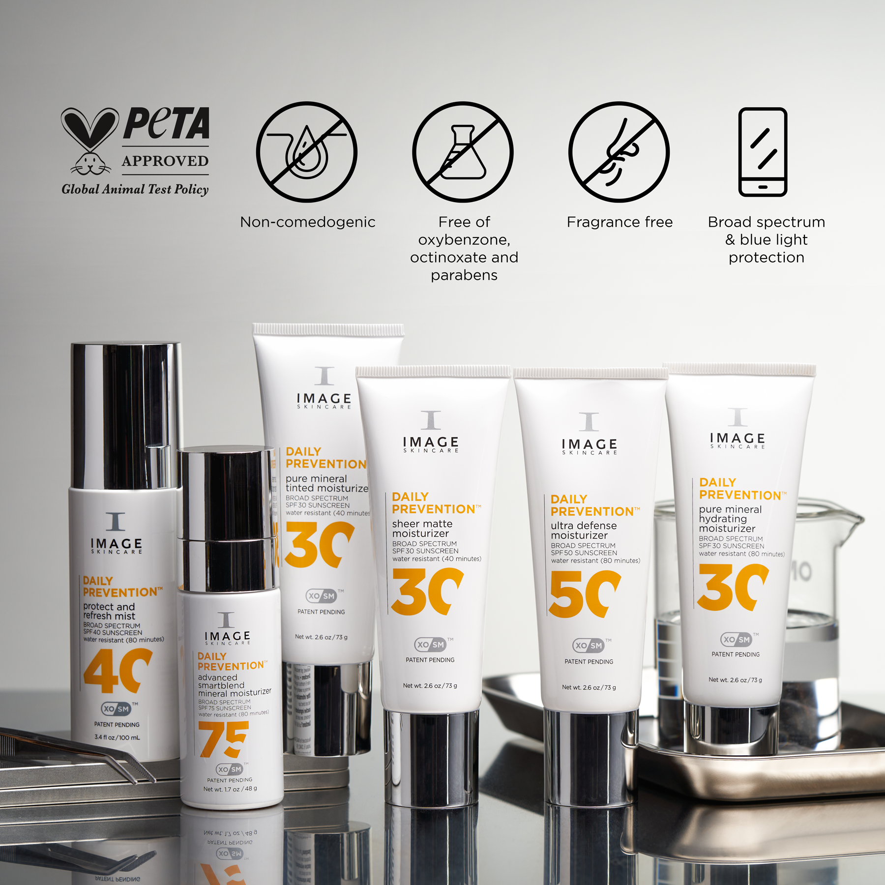 A display of all the DAILY Prevention skincare products, including pure mineral hydrating face moisturizer with sunscreen, from IMAGE Skincare.