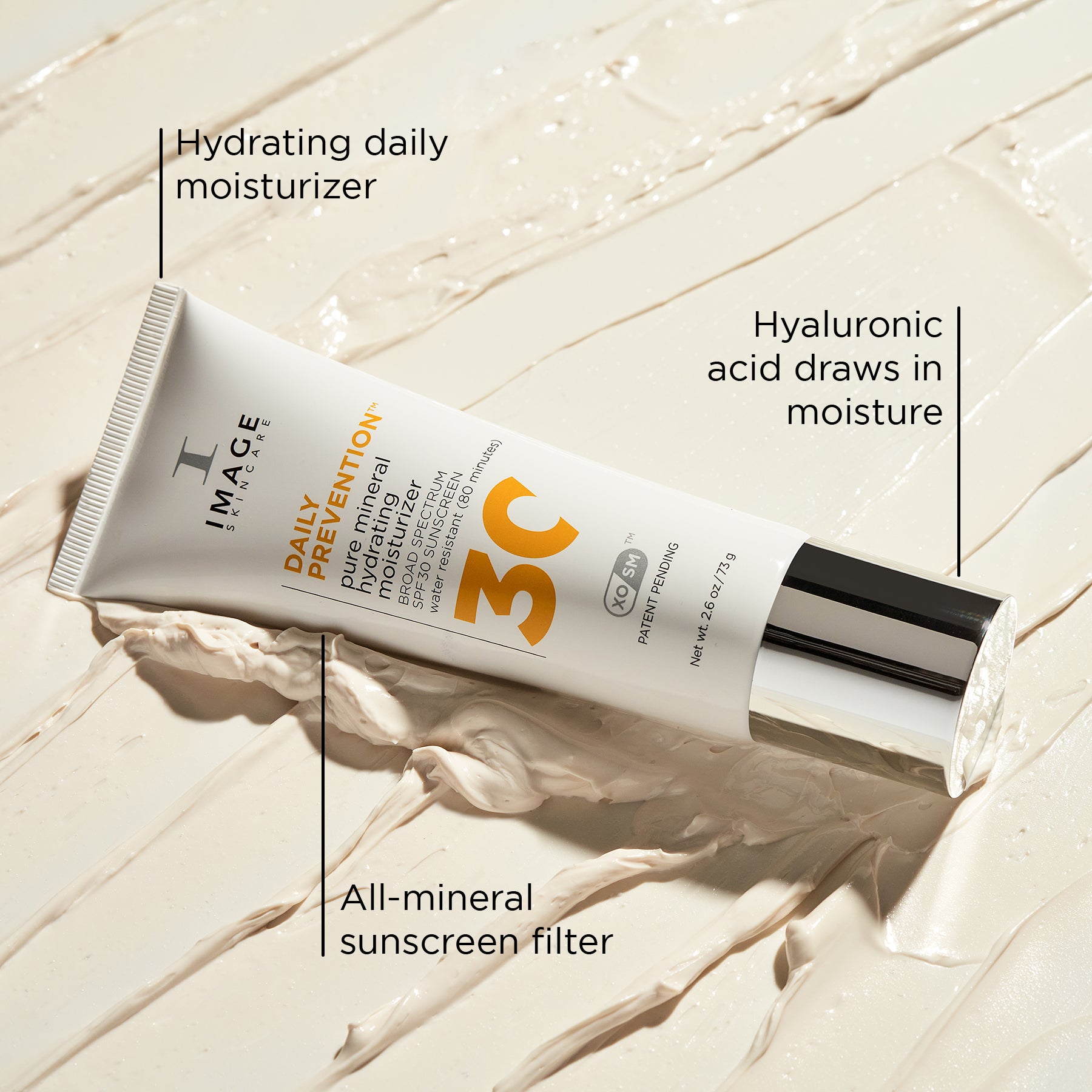 A tube of DAILY Prevention pure mineral hydrating face moisturizer with sunscreen, showing product texture and benefits.