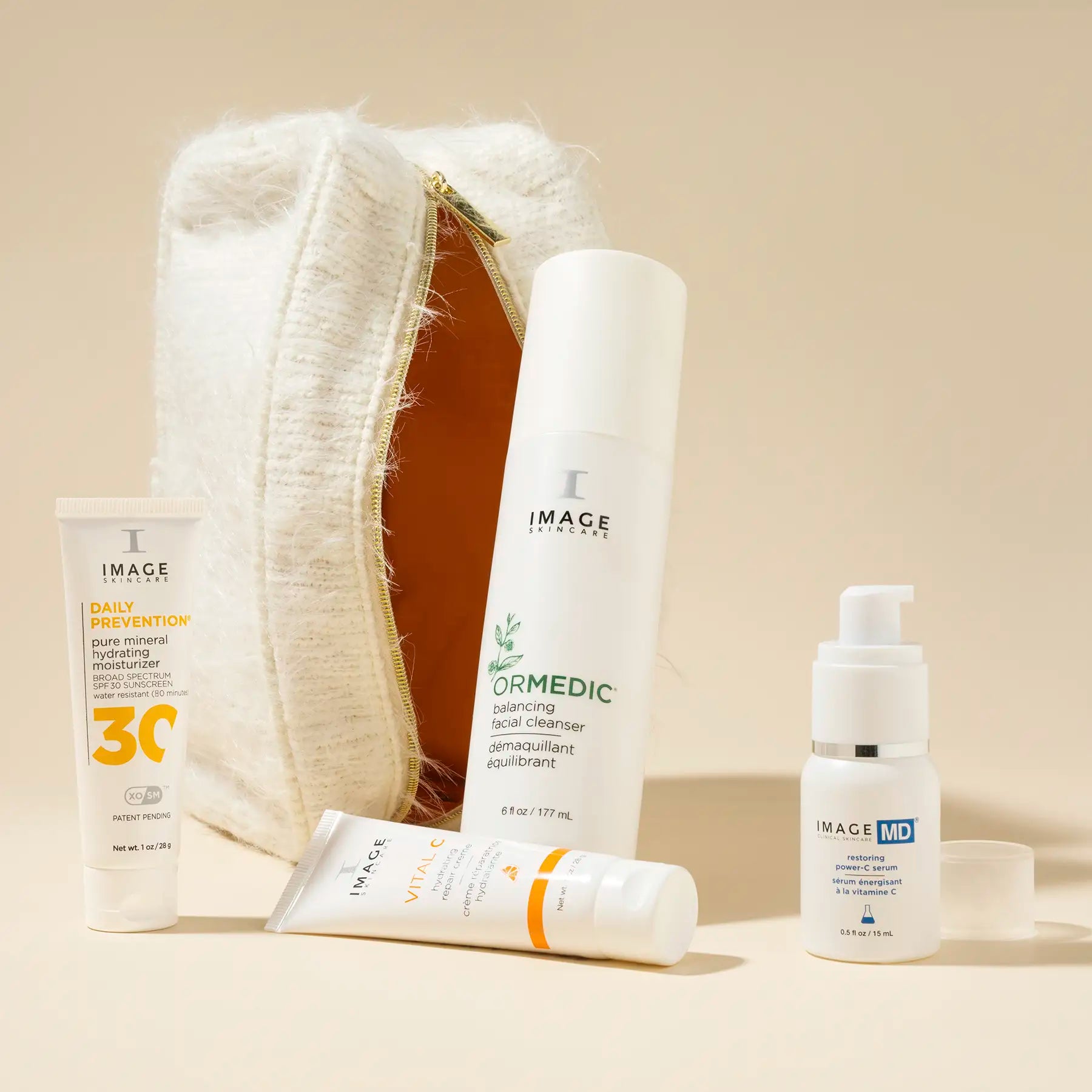 Bag open with products in front