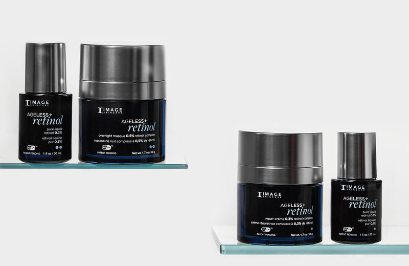 AGELESS+ retinol collection on display stands