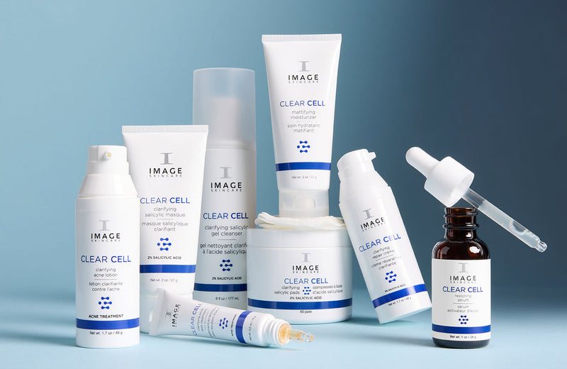 clear cell collection products on light blue background