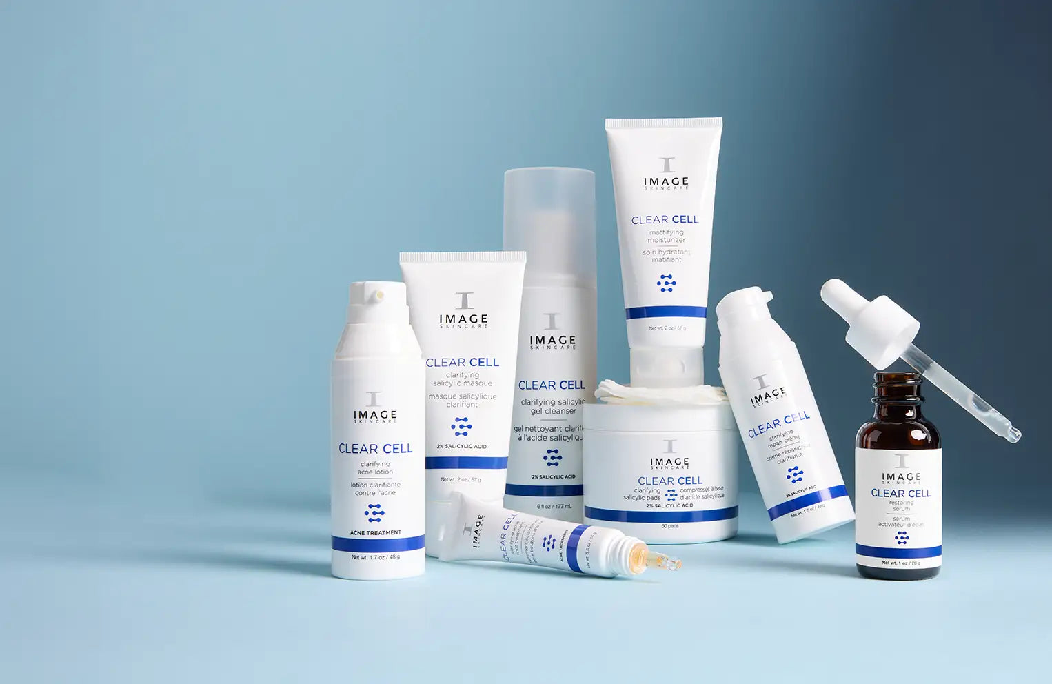 clear cell collection products on light blue background