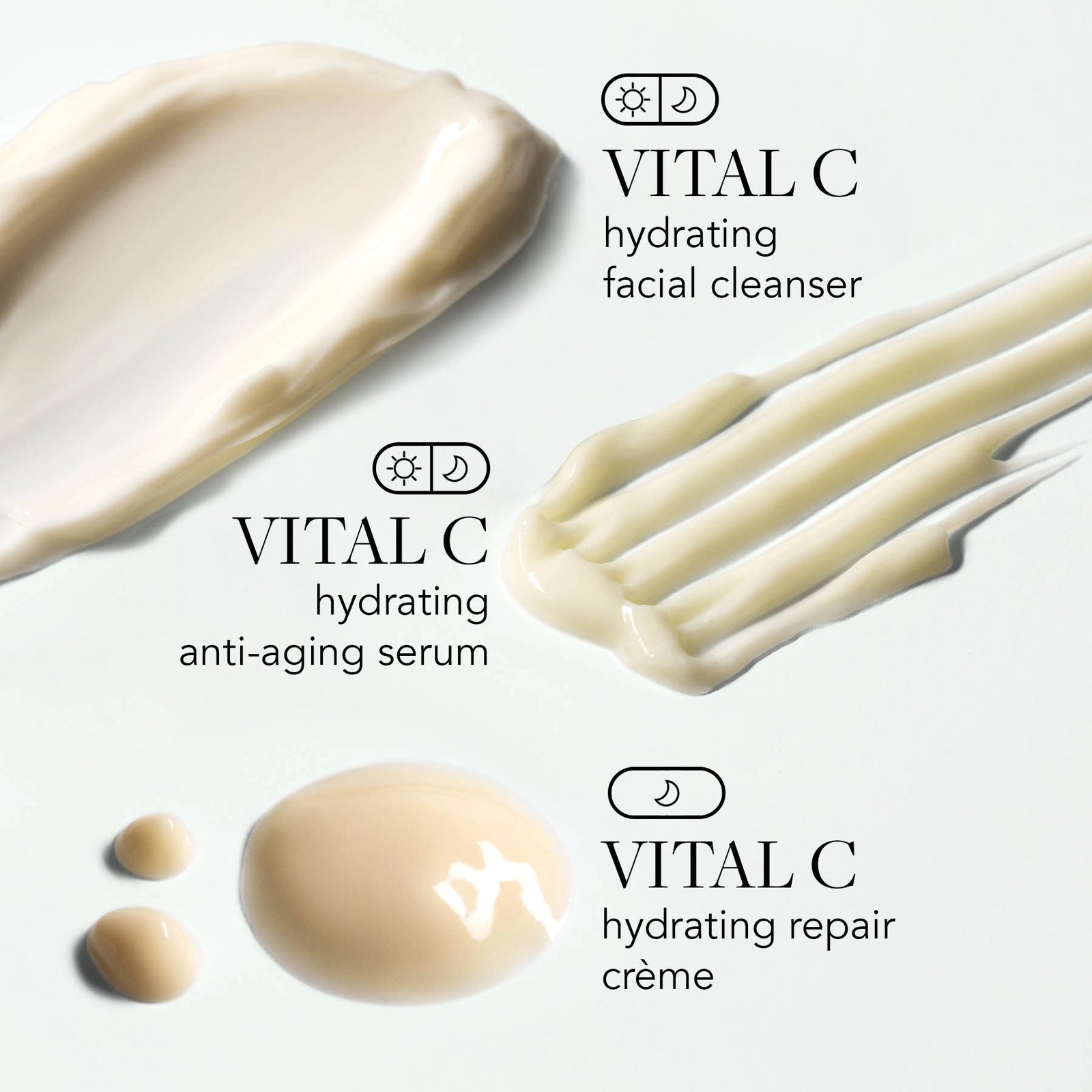 Vital C skincare products including cleanser, serum, and crème on a white background