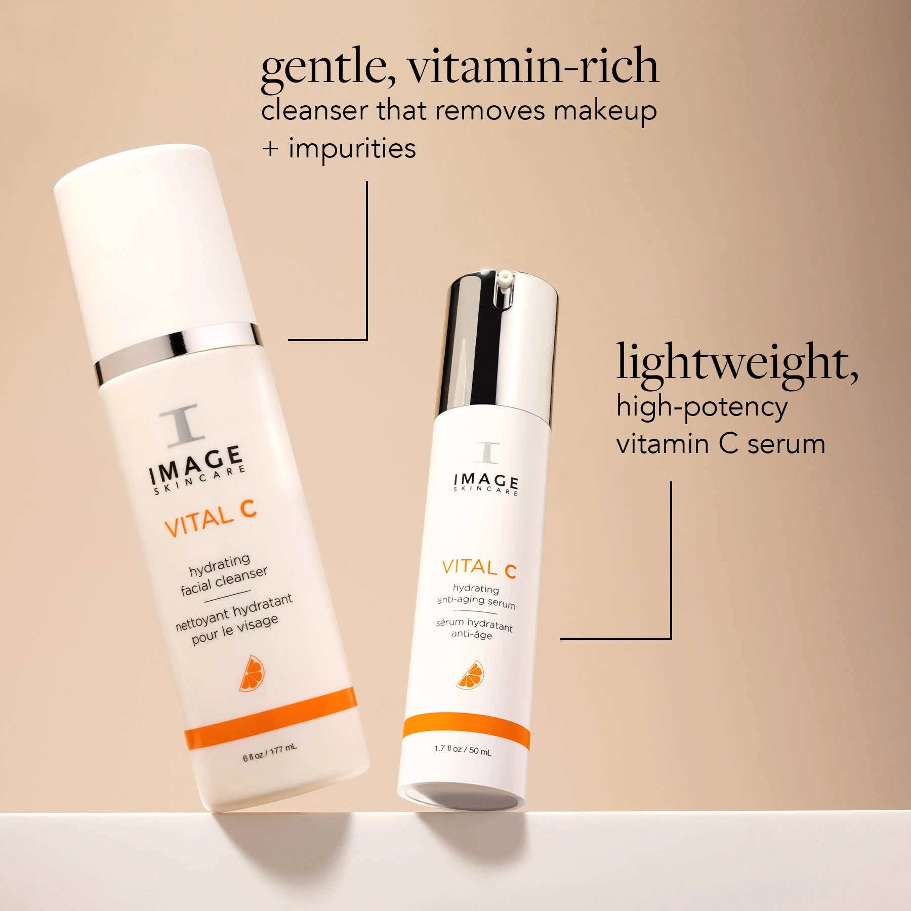 Two skincare products from IMAGE Skincare on a beige background with text describing their features.