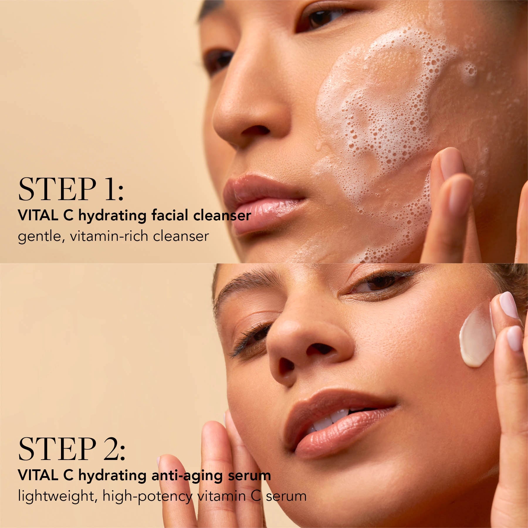 Two women applying skincare products with text indicating steps and product names.