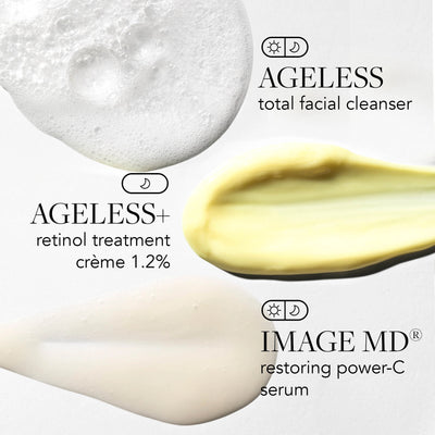 Three skincare products with 'AGELESS' branding on a white background