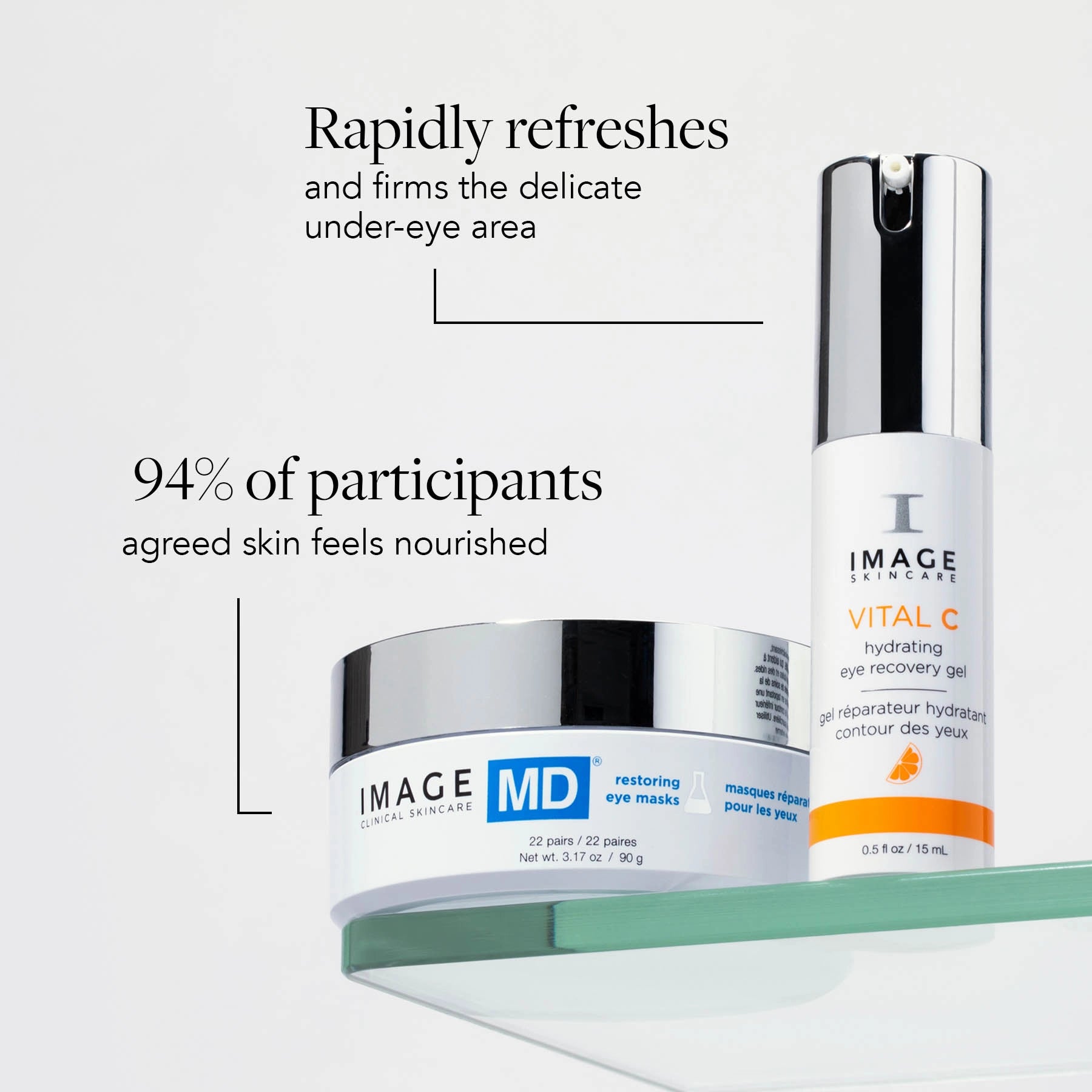 Two skincare products with text highlighting their benefits on a light gray background