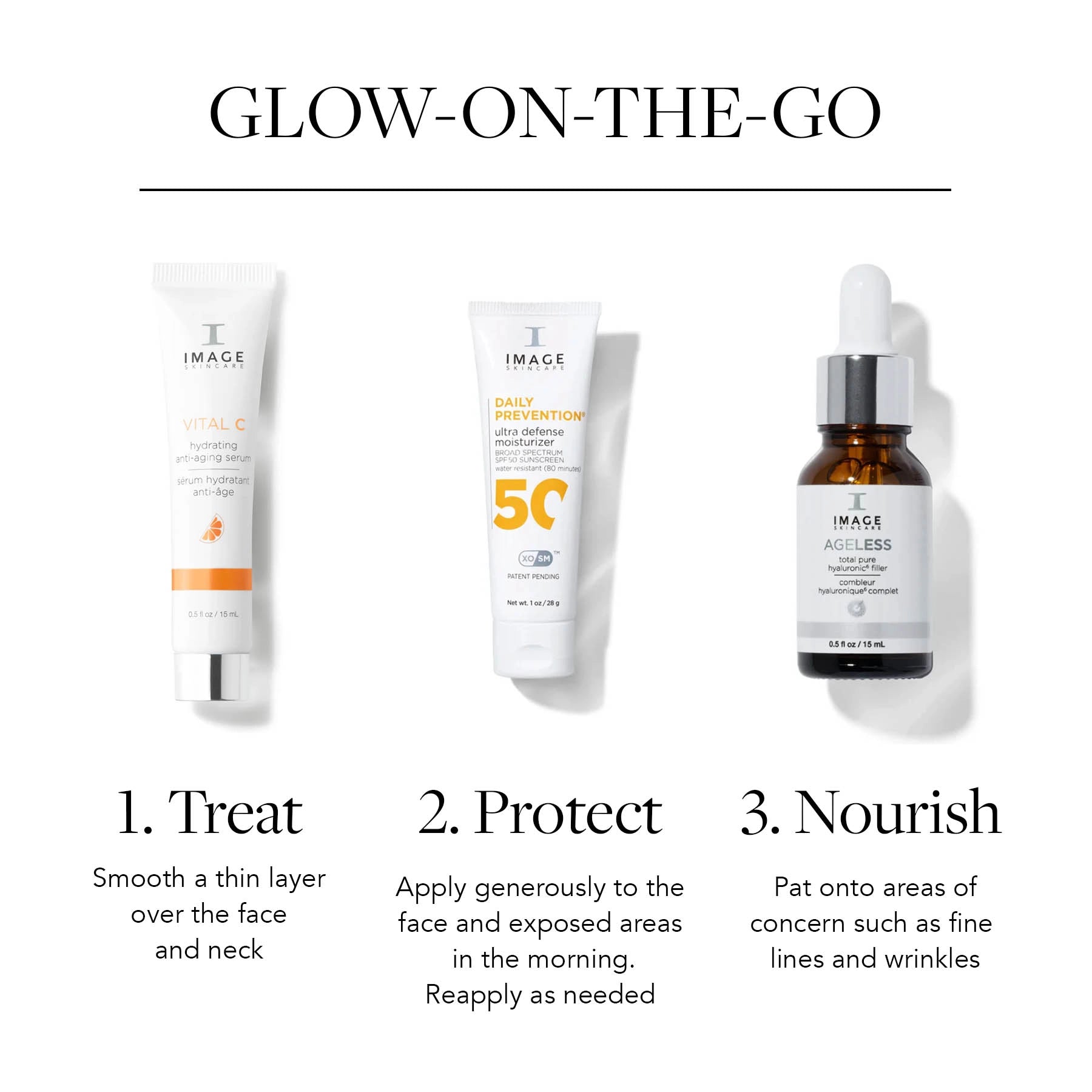 Skincare products with usage instructions on a white background