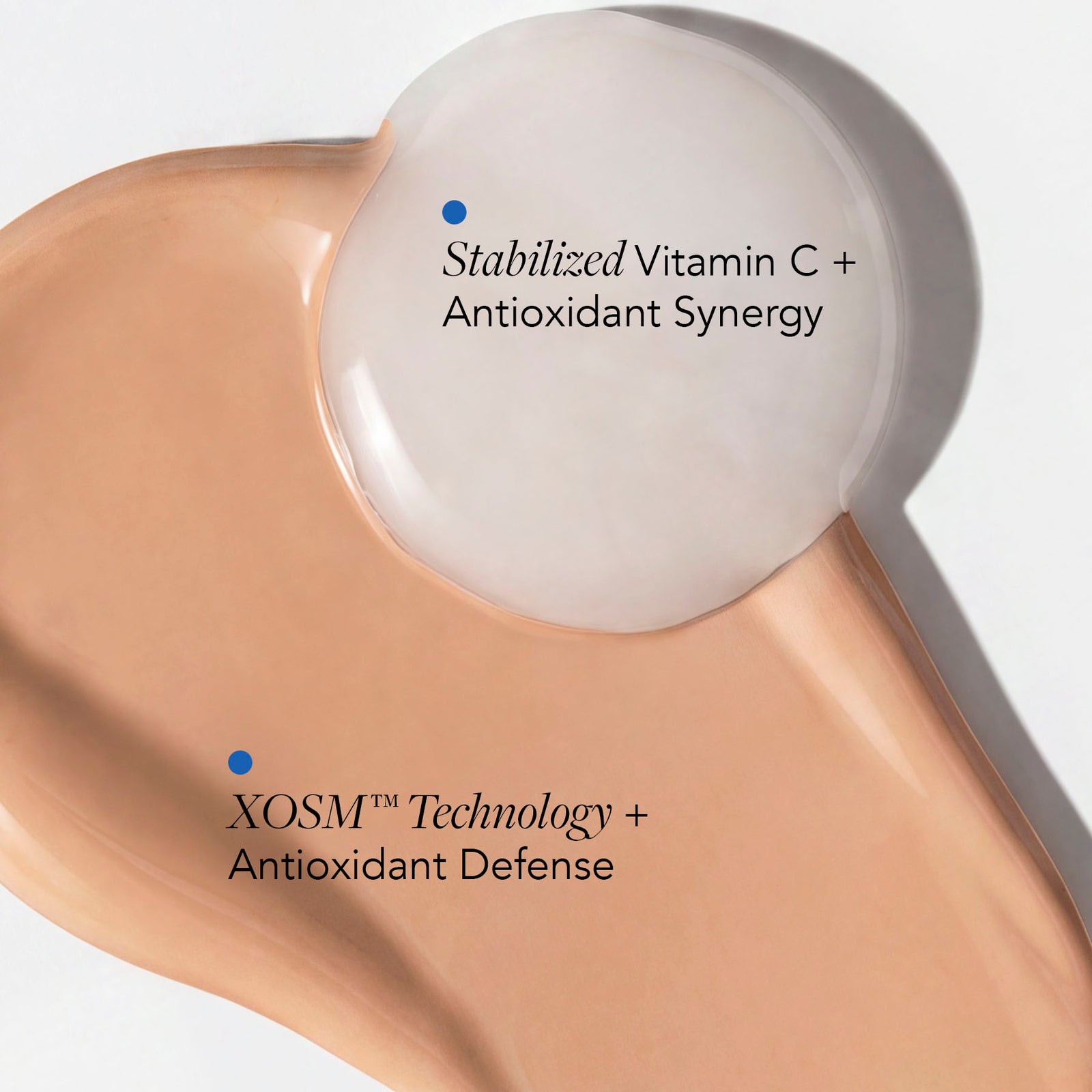 Cosmetic product with text highlighting 'Stabilized Vitamin C + Antioxidant Synergy' and 'XOSM™ Technology + Antioxidant Defense'.
