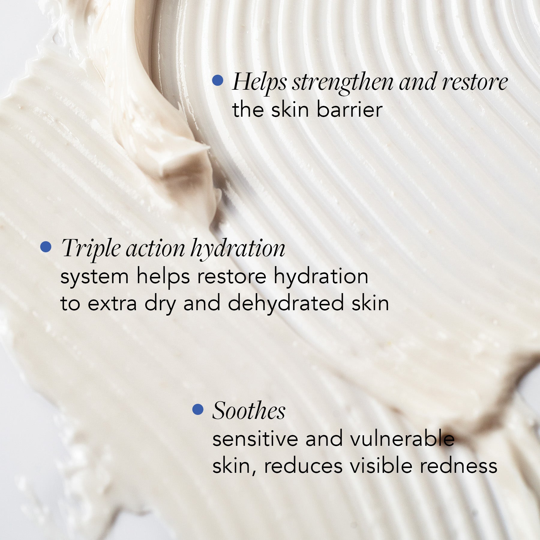 Close-up of a skincare product with text highlighting its benefits on a light background.