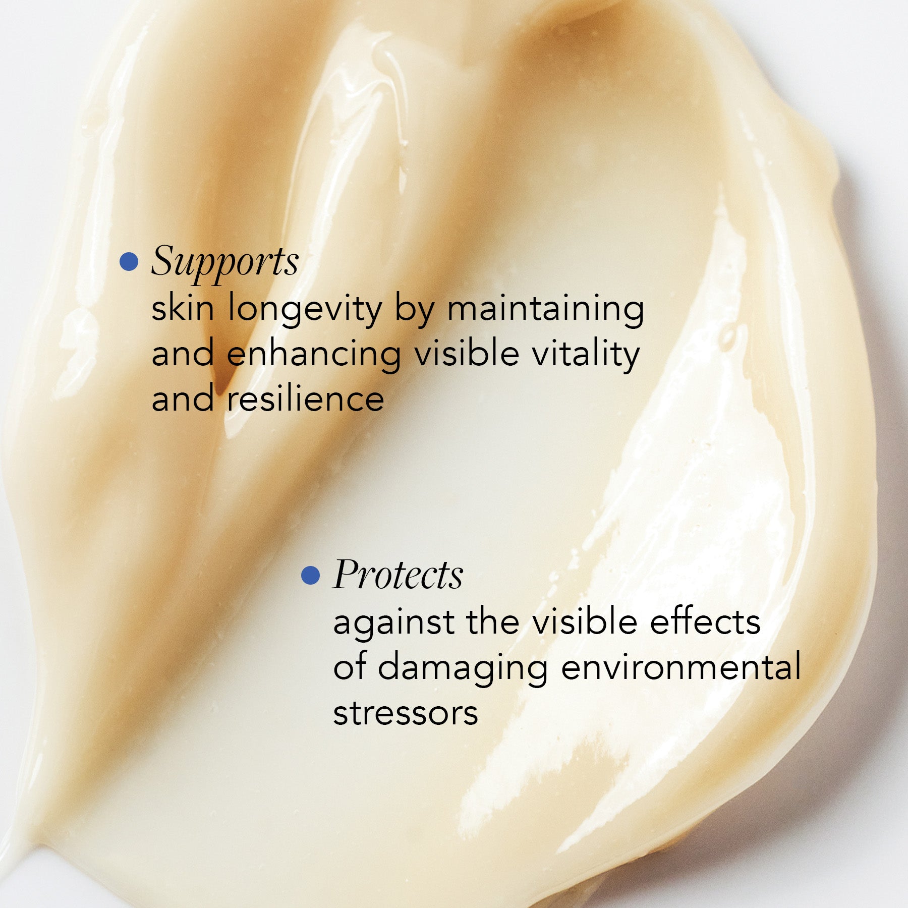 Cream swatch with text about skin care benefits on a light background
