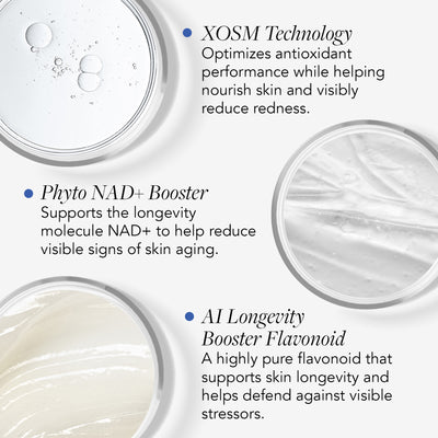 Product packaging with XOSM Technology, Phyto NAD+ Booster, and AI Longevity Booster Flavonoid text on a white background.