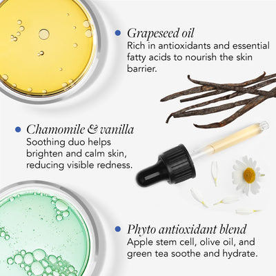 Cosmetic product with dropper, vanilla beans, chamomile flowers, and text about ingredients on a white background.