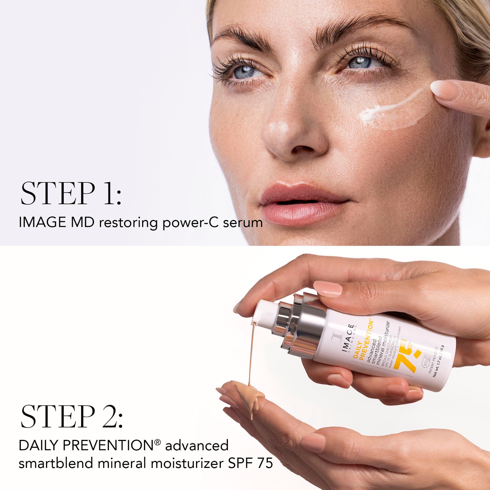 Cosmetic product demonstration with a woman applying serum and holding a moisturizer.