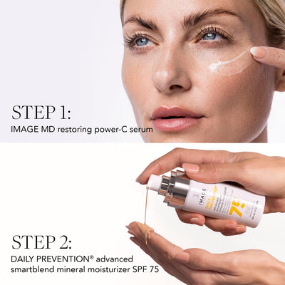 Cosmetic product demonstration with a woman applying serum and holding a moisturizer.