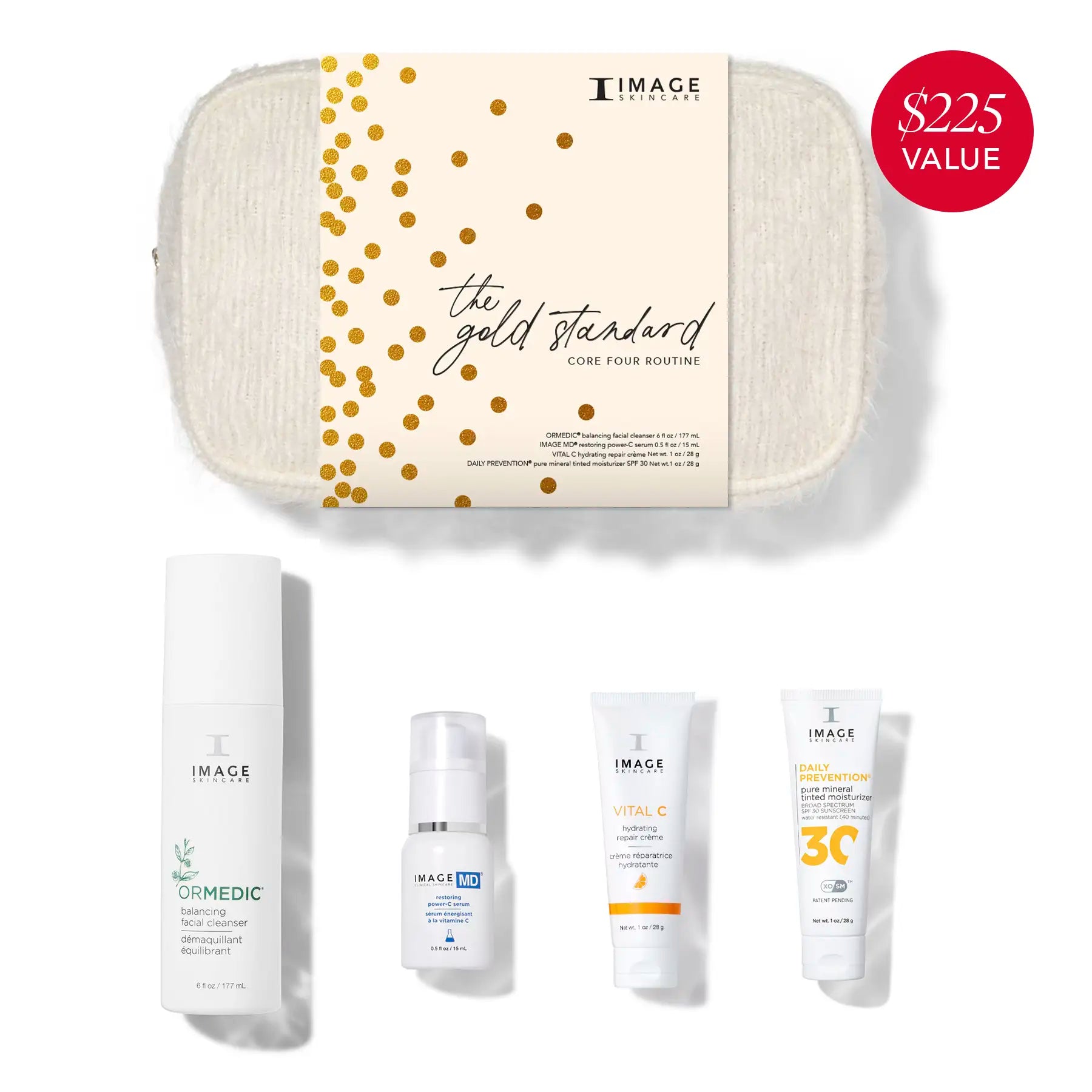 The gold standard kit with bag and products on a white background
