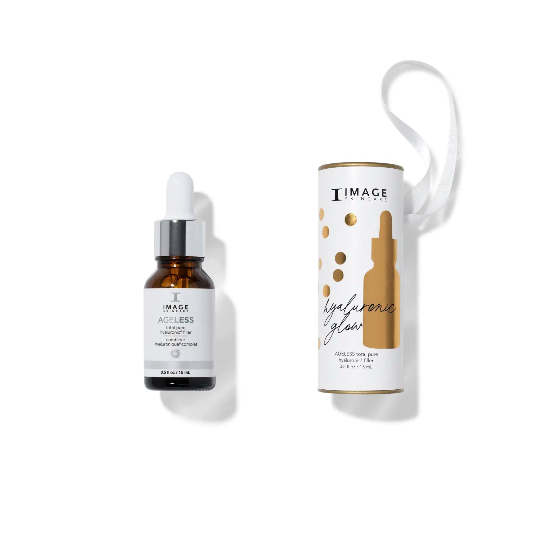Hyaluronic glow package and AGELESS 6 filler on white background