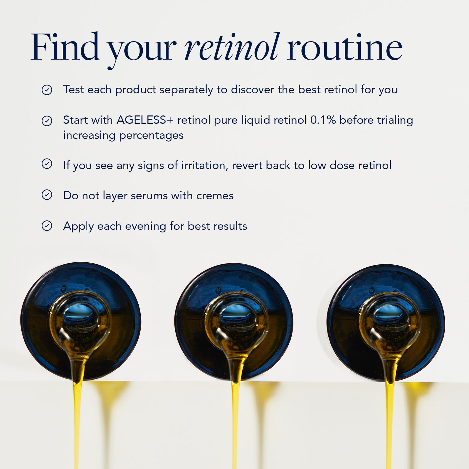 3 bottles of retinol pouring out liquid with retinol usage tips listed