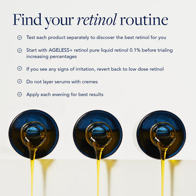 3 bottles of retinol pouring out liquid with retinol usage tips listed