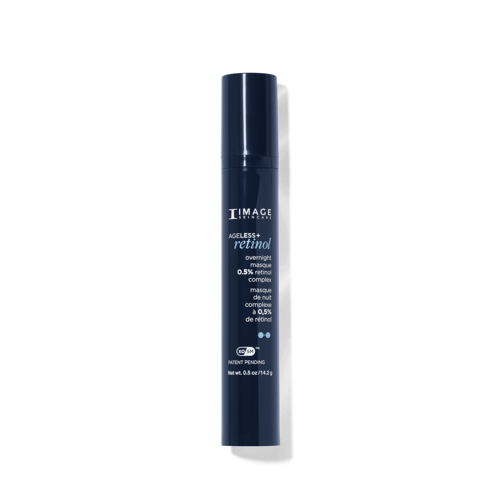 Blue skincare bottle with white text on a white background