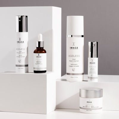 collection shot of all ageless products on gray background