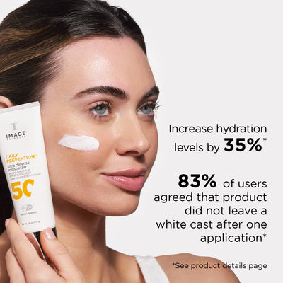 Woman applying IMAGE Skincare Daily Prevention Ultra Defense Moisturizer with SPF 50, highlighting increased hydration and no white cast after one use.