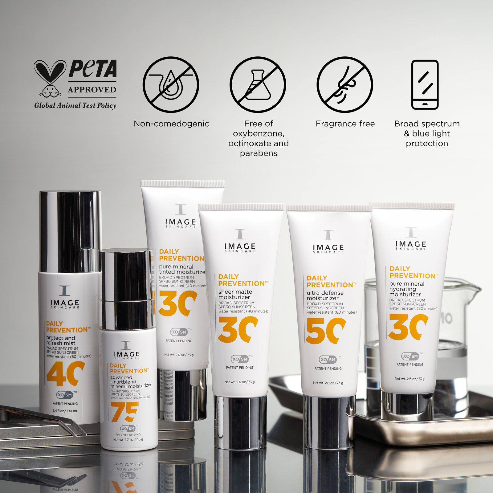 IMAGE Skincare Daily Prevention Ultra Defense Moisturizer SPF 50 and other SPF products, non-comedogenic, fragrance-free, broad spectrum protection.