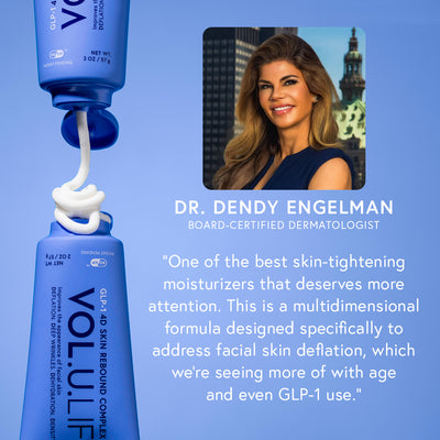 Dr. Dendy quote with image of doctor and close up of product with complex texture shot on a light blue background