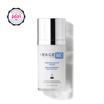 Skincare bottle labeled 'IMAGE MD' on a white background with an award badge at the top left corner.