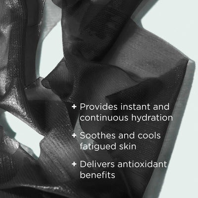black sheet mask on light background with benefits callouts