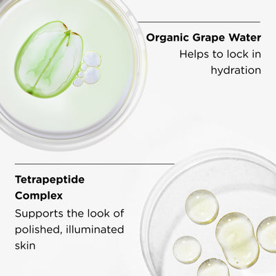 close up of organic grape water and tetrapeptide complex ingredients in petri dishes with ingredient benefits listed