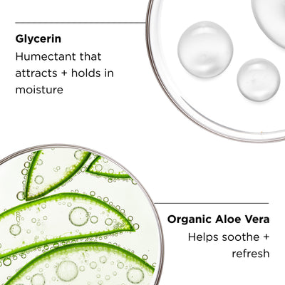 Glycerin and Organic aloe vera ingredients in petri dish with benefits callouts