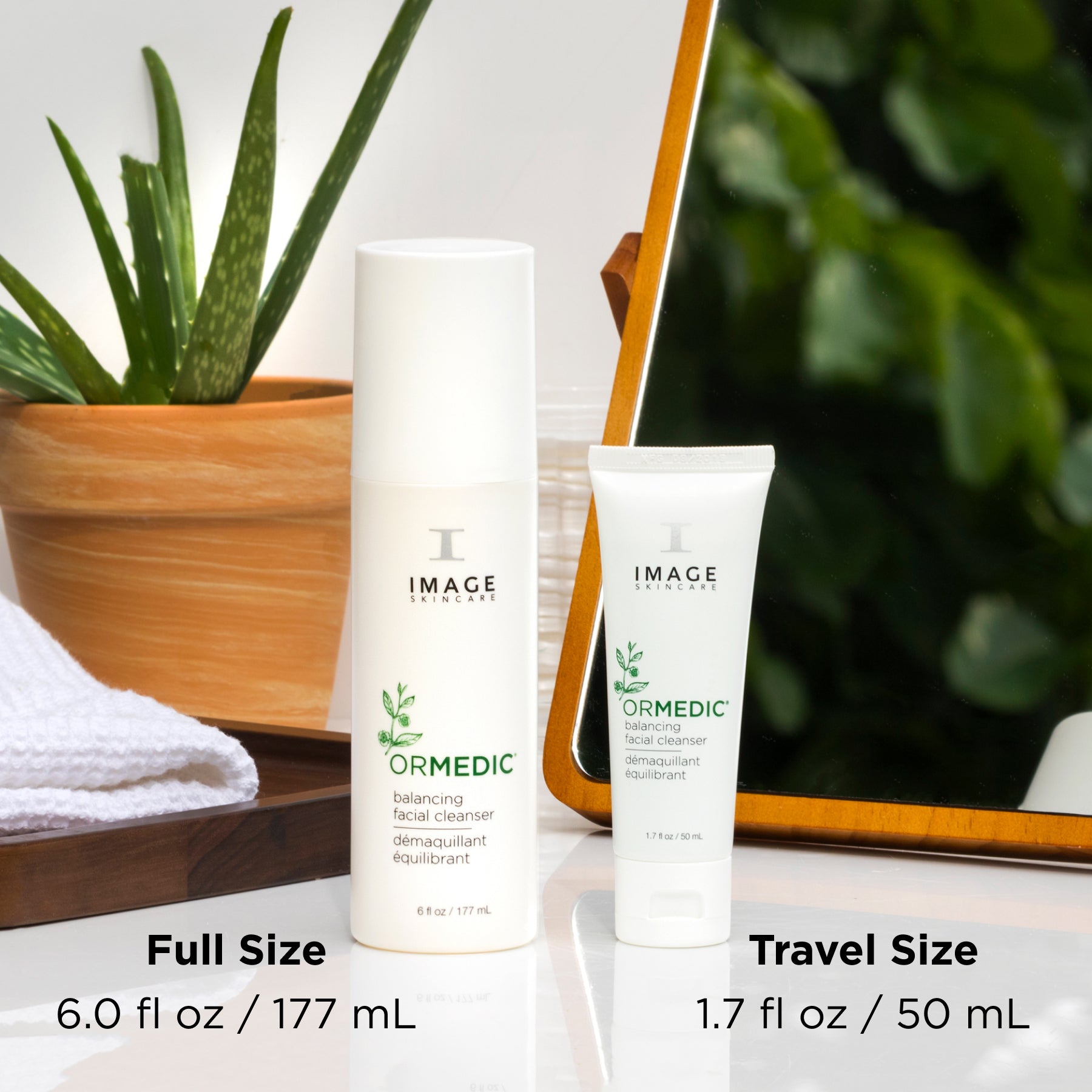 Two skincare products, one full size and one travel size, with a plant and towel in the background.