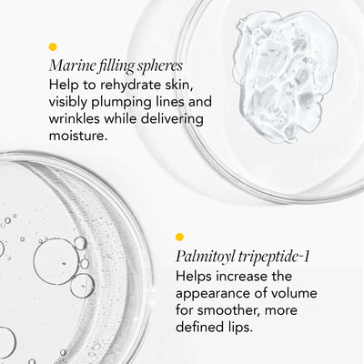 Cosmetic product with text about marine filling spheres and palmitoyl tripeptide-1 benefits on a white background.