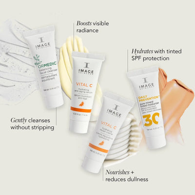 ormedic cleanser sample, vital c hydrating anti aging serum sample, vital c hydrating repair creme sample, and daily prevention pure mineral tinted moisturizer SPF 30 sample on beige background with texture shots