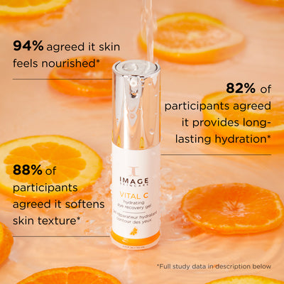clinical data on a background of orange slices showing eye recovery gel bottle