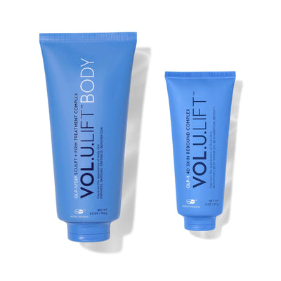Two blue squeeze tubes of Vol. Lift Body and Vol. Lift Skin Rebound Complex skincare products on a white background.