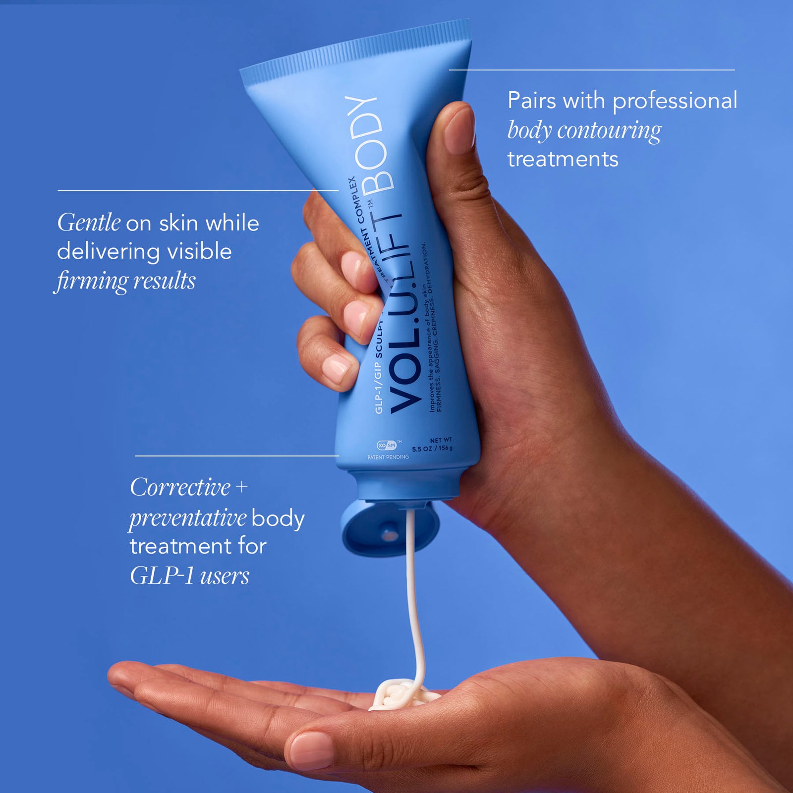 Hand holding a blue tube of VoluLift Body cream with text on a blue background