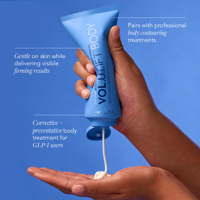 Hand holding a blue tube of VoluLift Body cream with text on a blue background