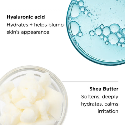 Hyaluronic acid and Shea butter ingredient texture shot close up with benefits callouts
