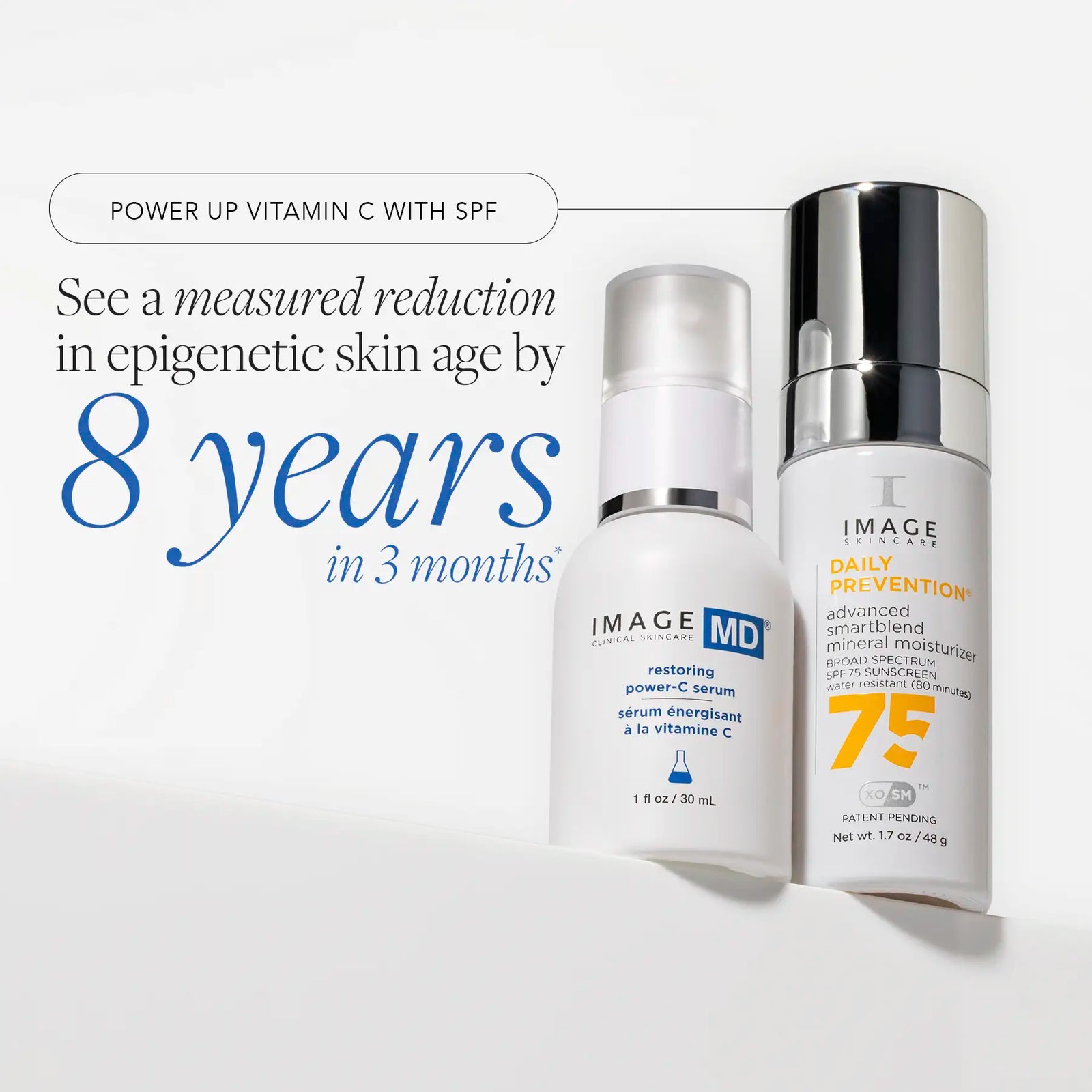 Two skincare products with text about vitamin C and SPF on a white background
