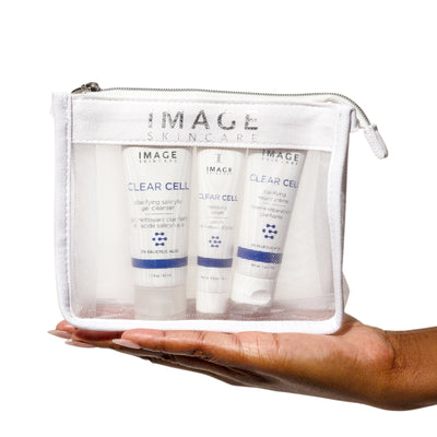 clear skin solutions kit products in white mesh bag