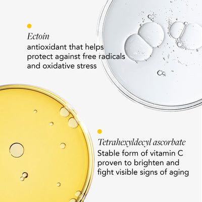 Ectoin and Tetrahexyldecyl ascorbate ingredients close up with benefits callout