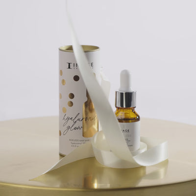 video of package and product with ribbon unraveling around the AGELESS serum