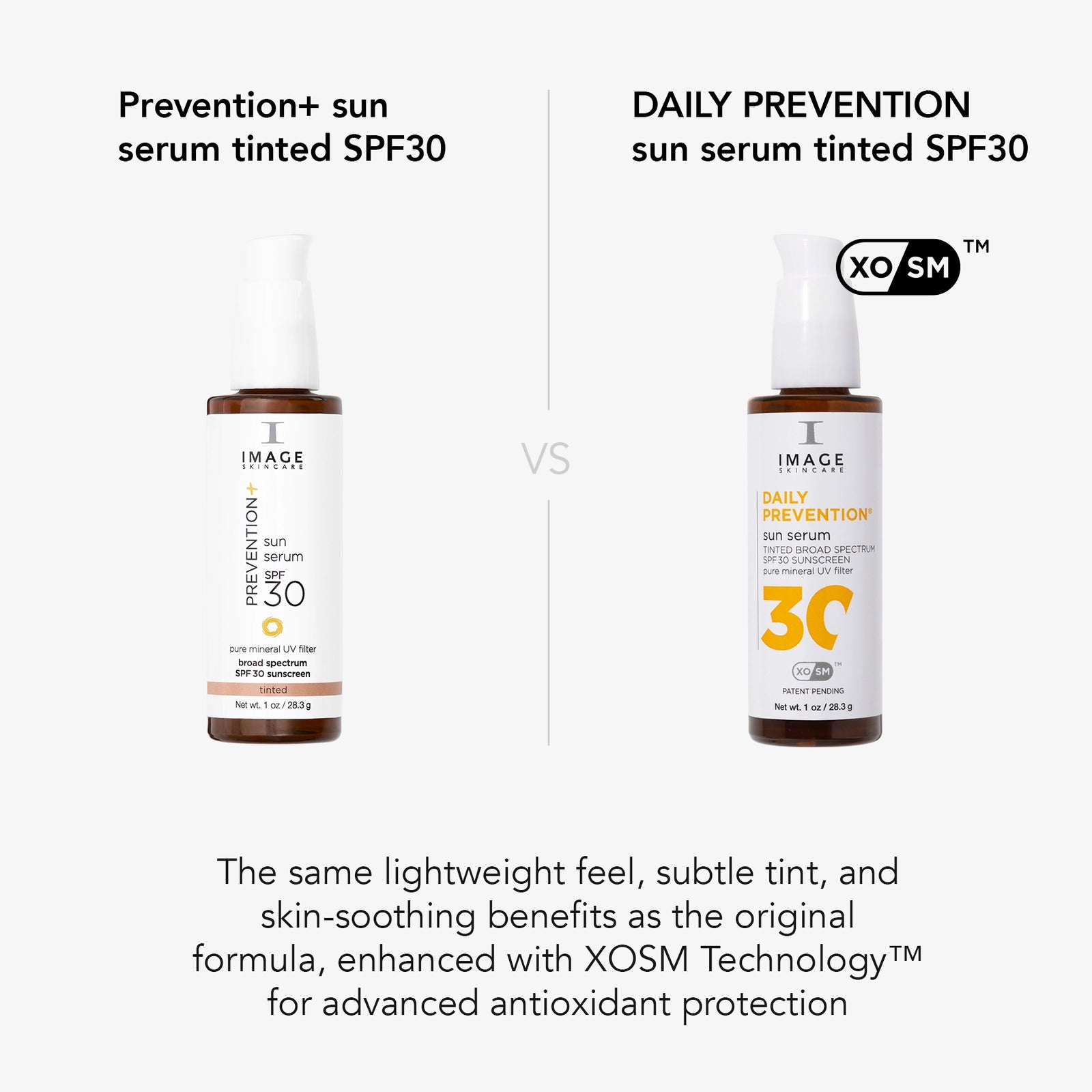 side by side of PREVENTION+ and DAILY PREVENTION sun serums and XOSM technology callout