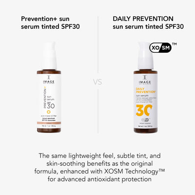 side by side of PREVENTION+ and DAILY PREVENTION sun serums and XOSM technology callout